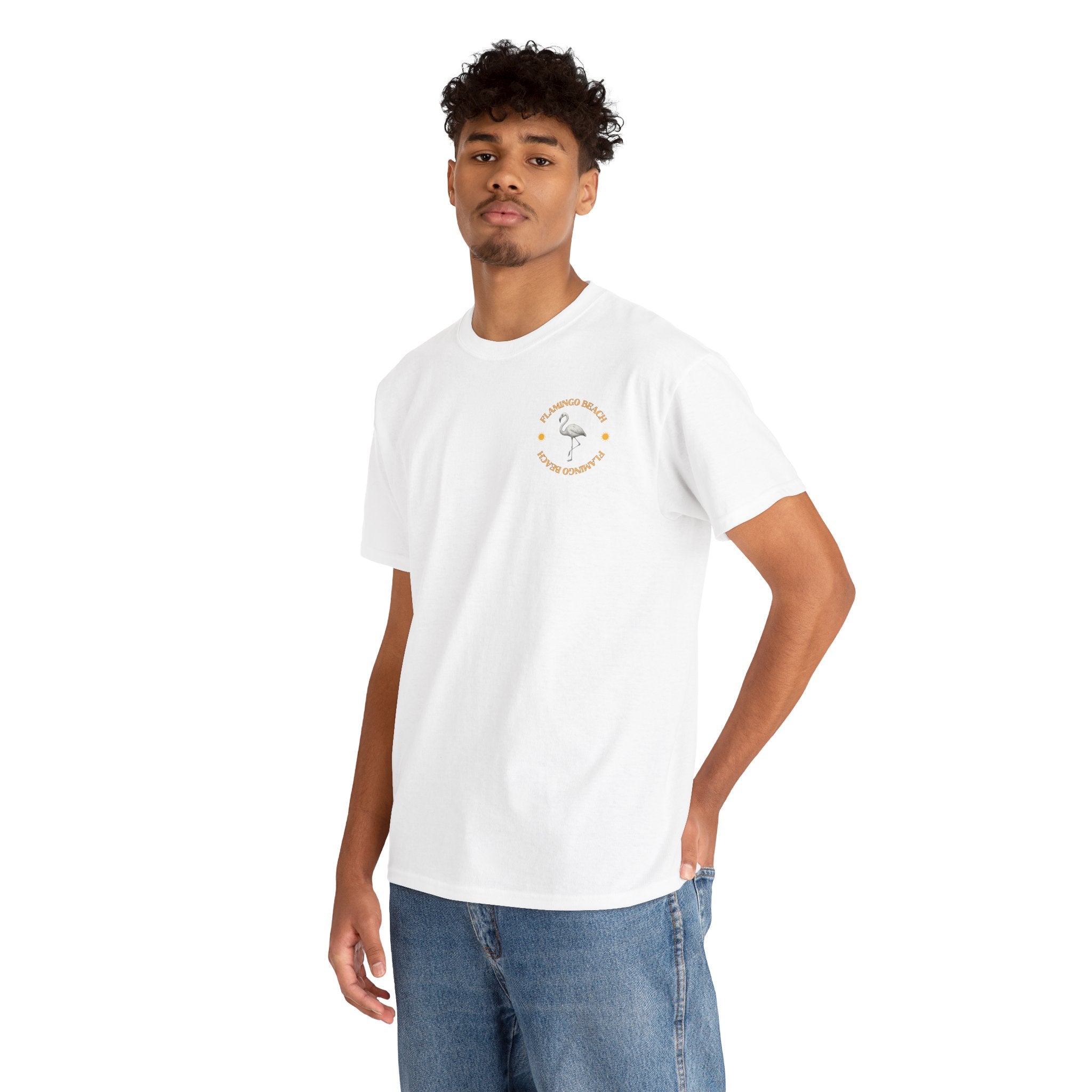 Flamingo Beach Graphic Tee — Retro Palm Tree & Surfboard Shirt