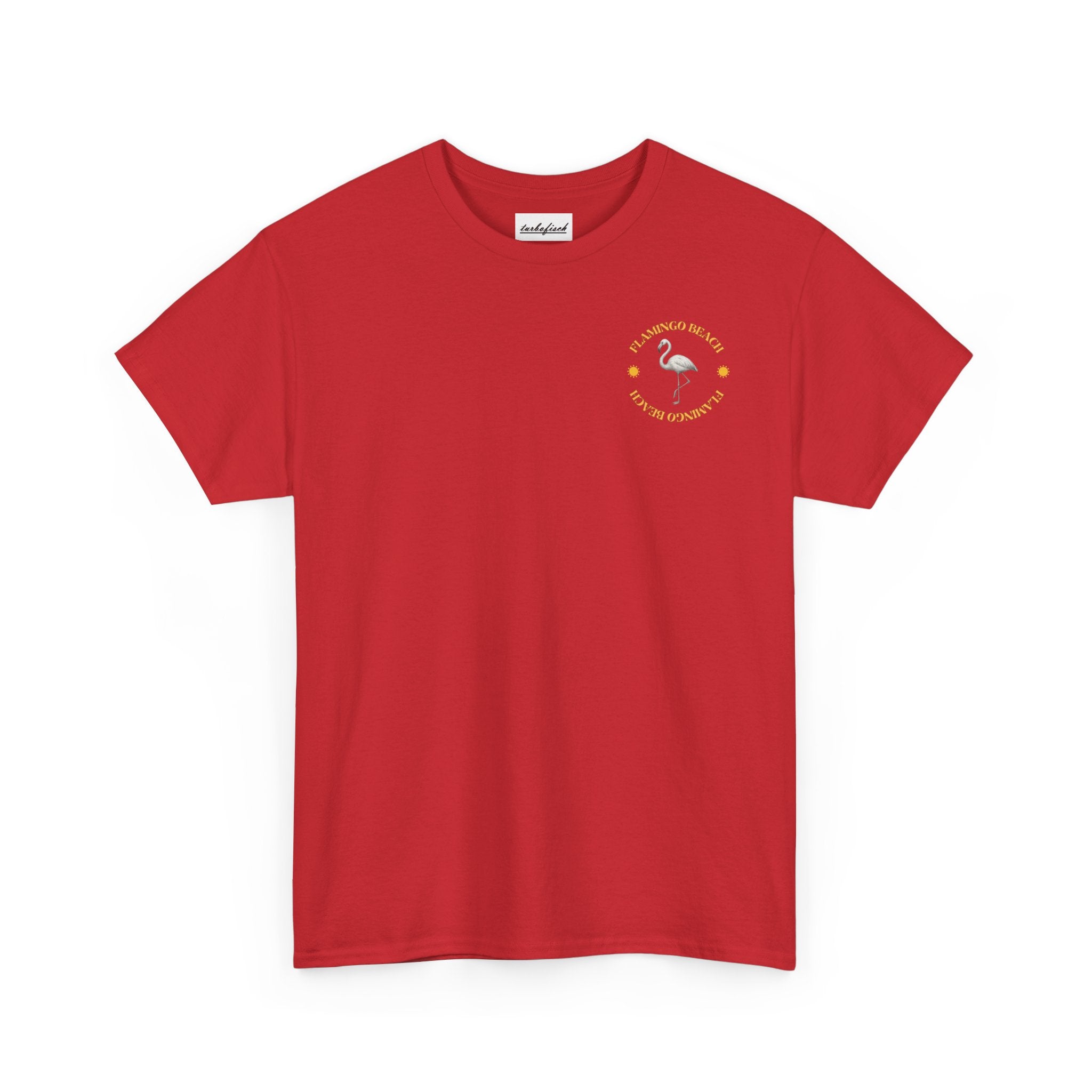 Flamingo Beach Graphic Tee — Retro Palm Tree & Surfboard Shirt