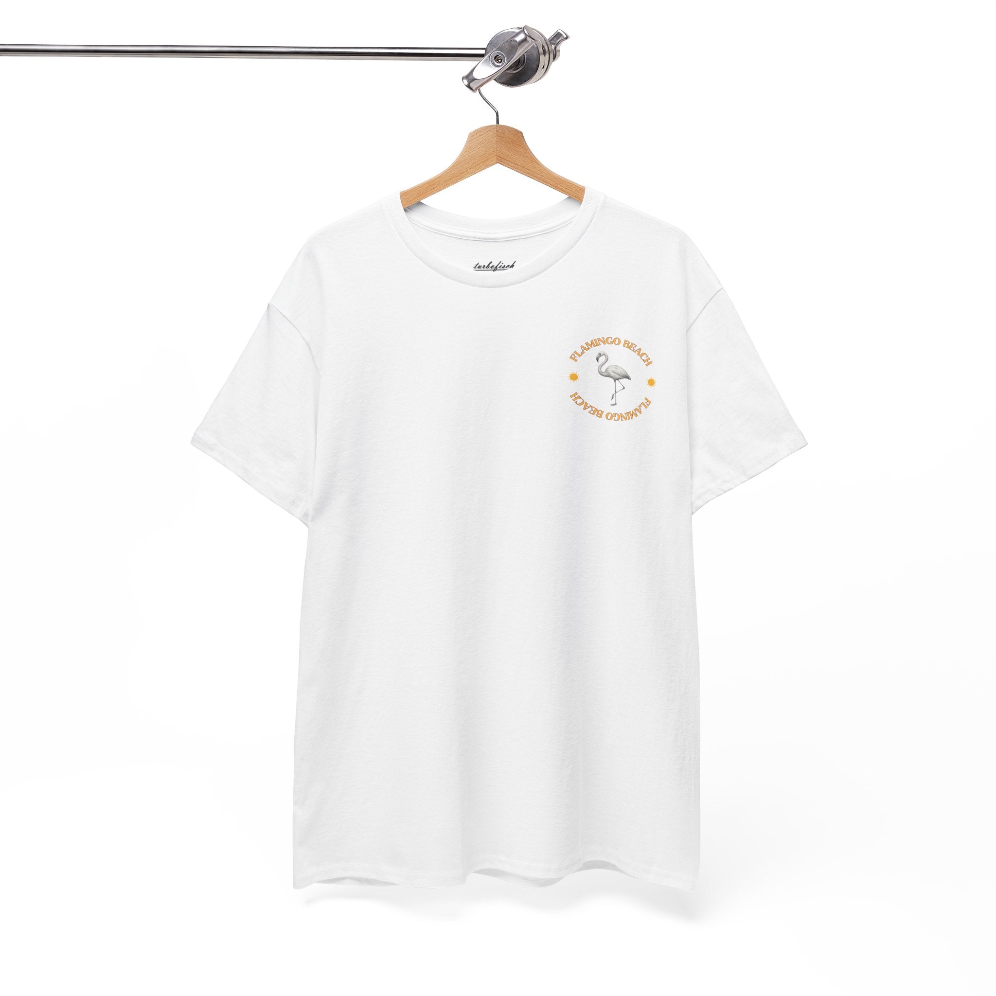 Flamingo Beach Graphic Tee — Retro Palm Tree & Surfboard Shirt