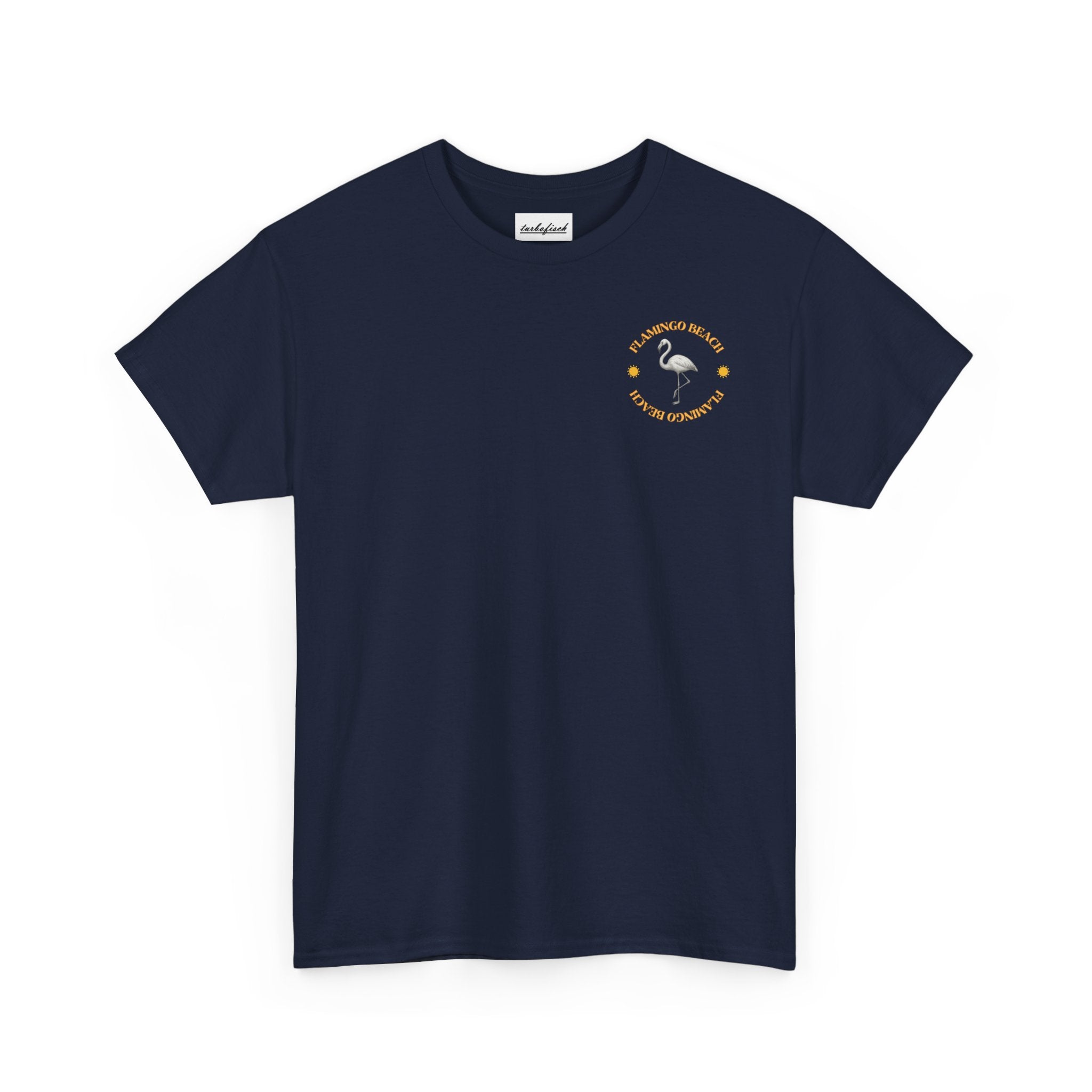 Flamingo Beach Graphic Tee — Retro Palm Tree & Surfboard Shirt