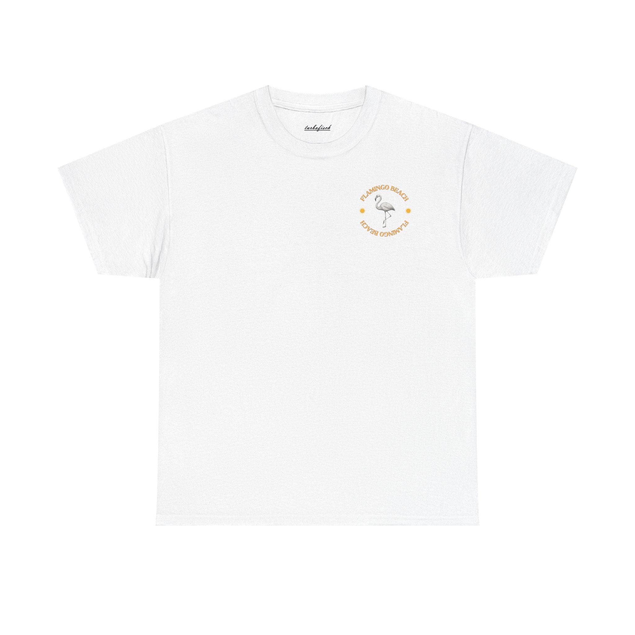 Flamingo Beach Graphic Tee — Retro Palm Tree & Surfboard Shirt