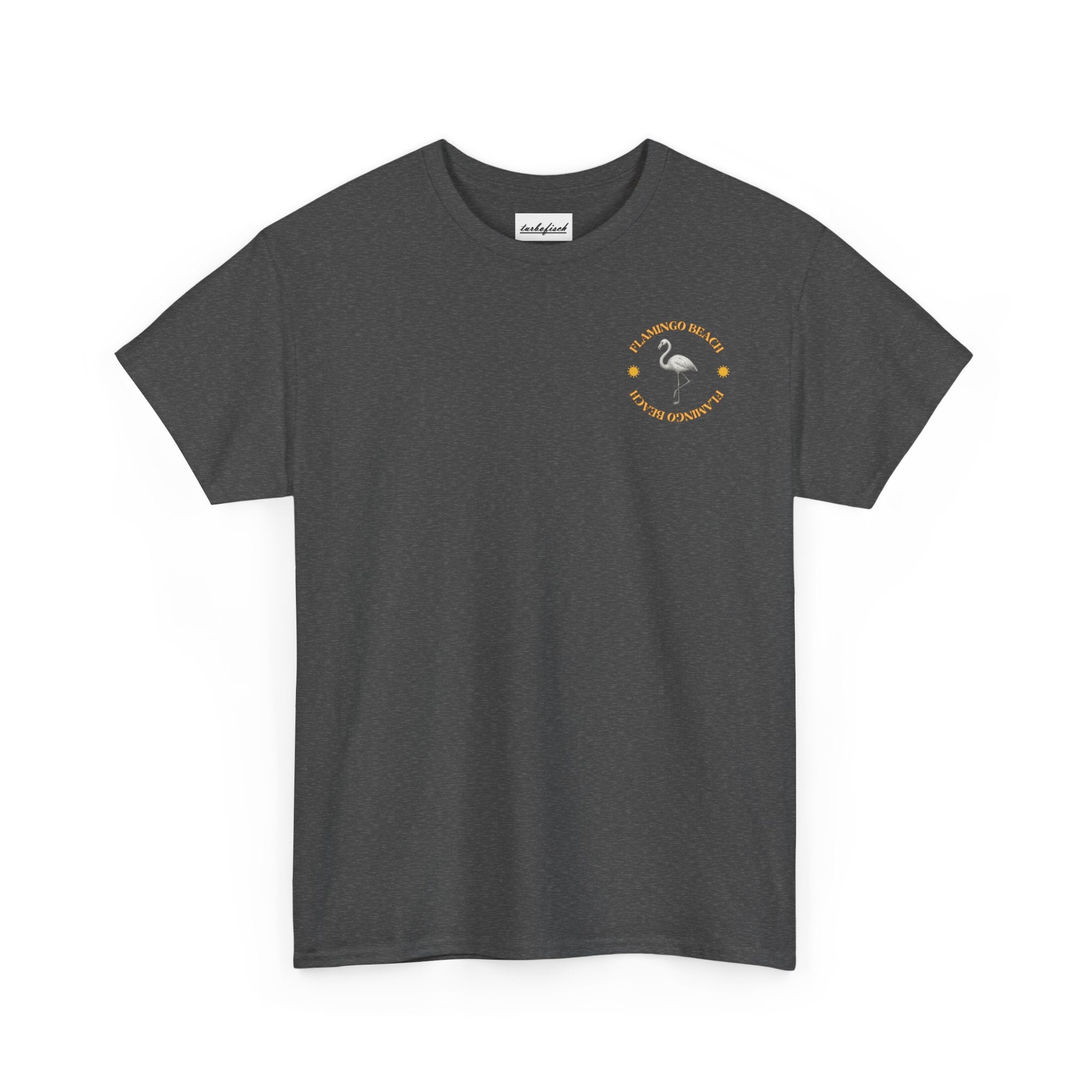 Flamingo Beach Graphic Tee — Retro Palm Tree & Surfboard Shirt