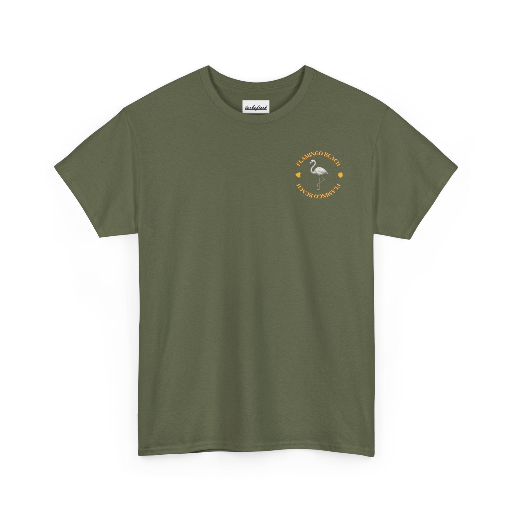 Flamingo Beach Graphic Tee — Retro Palm Tree & Surfboard Shirt