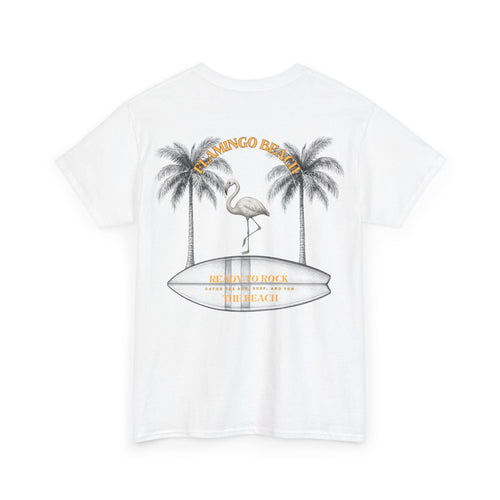 Flamingo Beach Graphic Tee — Retro Palm Tree & Surfboard Shirt